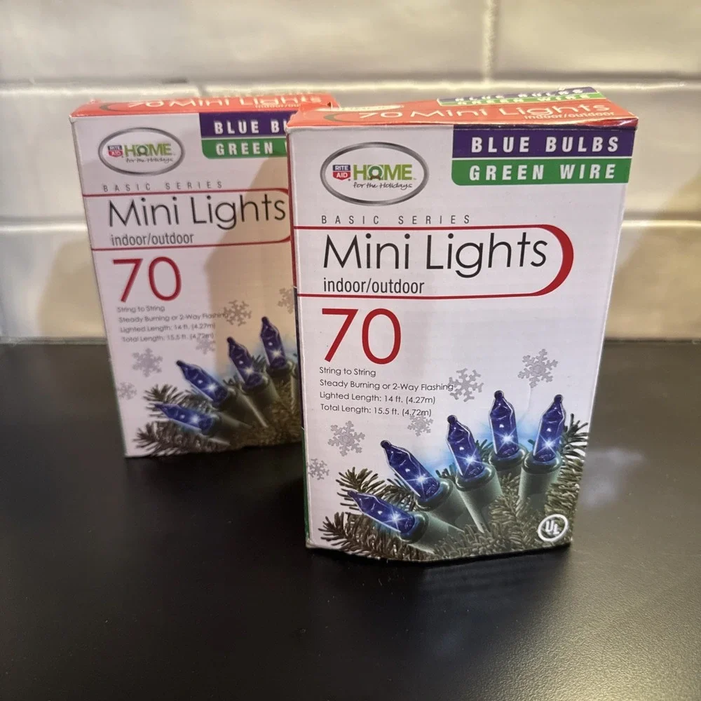 Rite Aid Home Mini Lights‎ 70 Count Blue Bulbs Green Wire Indoor Outdoor 2 Pack